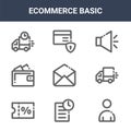 9 ecommerce basic icons pack. trendy ecommerce basic icons on white background. thin outline line icons such as user, fast