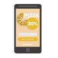 Ecommerce concept order and discount fast food online. smartphone with pizza Royalty Free Stock Photo