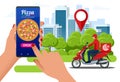 Ecommerce concept order food online website. Fast food pizza delivery online service. Flat illustration. Can be used for Royalty Free Stock Photo