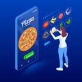 Ecommerce concept order food online website. Fast food pizza delivery online service. Flat isometric vector illustration Royalty Free Stock Photo