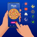Ecommerce concept order food online website. Fast food pizza delivery online service. Flat isometric vector illustration