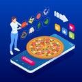 Ecommerce concept order food online website. Fast food pizza delivery online service. Flat isometric vector illustration Royalty Free Stock Photo