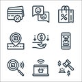 ecommerce line icons. linear set. quality vector line set such as auction, online shopping, package checking, qr code, cashback,