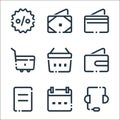 ecommerce line icons. linear set. quality vector line set such as customer service, calendar, receipt, wallet, basket, trolley