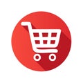 Ecommerce shopping cart icon with modern flat design and long shadow on red circle Royalty Free Stock Photo