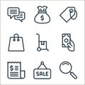 ecommerce shopping line icons. linear set. quality vector line set such as search, sale, invoice, payment, trolley, shopping bag,
