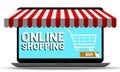 Ecommerce store concept with red white shop roof on screen of laptop