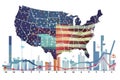 Economic charts and indicators overlaying a map of the USA, illustrating the nation's economic development and