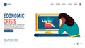 Economic crisis banner with sad woman looking at computer screen Royalty Free Stock Photo