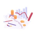 Economic crisis isometric vector illustration - business and financial analysis graphic with falling trend. Royalty Free Stock Photo