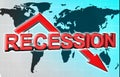 Economic crisis in the world. Red arrow down and the inscription Recession. Slowdown and decline of the economy. 3d illustration Royalty Free Stock Photo