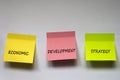 `Economic development strategy`, the phrase is written on multi-colored stickers on white background.