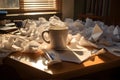 Economic downturn Scattered papers and an overturned coffee mug on desk. AI Generated