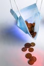 The economic effect of the pandemic - A protective mask hung and filled with euro cents that drops some remaining coins, a concept Royalty Free Stock Photo