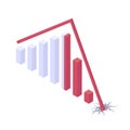 Economic and financial crisis isometric vector illustration - graph with red arrow breaking hole