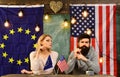 Economic partnership and finance. Partnership between usa and european union. bearded man and woman politician at Royalty Free Stock Photo