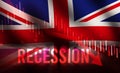 Economic Recession of United Kingdom with waving flag in the background and red graph going down. UK Recession concept backdrop Royalty Free Stock Photo