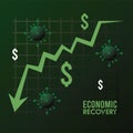 economic recovery for covid19 poster with dollars symbols and virus particles in statistics arrow down