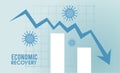 economic recovery for covid19 poster with virus particles in arrow down and bars statistics