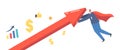 Economic Recovery, Revival Concept. Businessman Superhero Character in Red Cloak Rising Up Arrow Graph, Economy Revival