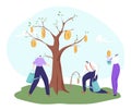 Economic recovery, success for money tree, vector illustration, business man woman character watering withered plant for