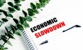 Economic slowdown concept on notebook with green plant and pen on white background Royalty Free Stock Photo