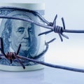 Economic warfare, sanctions and embargo busting concept. US Dollar money in barbed wire. Copy space