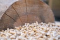 Wood pellets for wood stove close up background Royalty Free Stock Photo