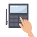 Economics income calculations, hands with a calculator and pen. Flat design vector illustration