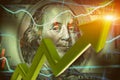 Economist forecast for the United States. Glowing green arrow going upwards on 100 dollar bill. The appreciation and rise of the U