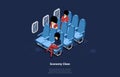 Economy Class In Plane Conceptual Vector Illustration In Cartoon 3D Style On Dark Background. Isometric Composition Of Royalty Free Stock Photo