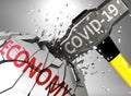 Economy and Covid-19 virus, symbolized by virus destroying word Economy to picture that coronavirus affects Economy and leads to Royalty Free Stock Photo