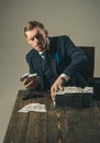 Economy and finance. Man bookkeeper. Businessman work in accountant office. Money transaction. Man in suit. Mafia Royalty Free Stock Photo