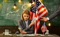 Economy and finance. Patriotism and freedom. Income planning of budget increase policy. Woman with dollar money for Royalty Free Stock Photo