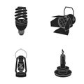 Economy lamp, searchlight, kerosene lamp, candle.Light source set collection icons in black style vector symbol stock