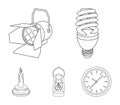 Economy lamp, searchlight, kerosene lamp, candle.Light source set collection icons in outline style vector symbol stock