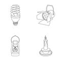 Economy lamp, searchlight, kerosene lamp, candle.Light source set collection icons in outline style vector symbol stock