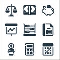 economy line icons. linear set. quality vector line set such as strategy, calculator, growth, report, abacus, statistics, piggy