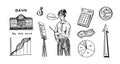 Economy poster. Finance and money. Accountant or bookkeeper woman. Calculator and graphs. Set of hand drawn icons for