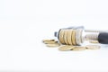 Economy pressure concept with stack of coins in a cramp Royalty Free Stock Photo