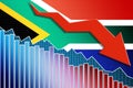 Economy of South Africa falling down with arrow and flag