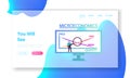 Economy Studying Landing Page Template. Tiny Male Character Stand with Magnifying Glass at Huge Computer
