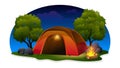 Camping tent at night with light campfire, green grass, trees vector illustration Royalty Free Stock Photo