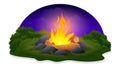 Campfire firewood vector illustration with grass, bush and stone