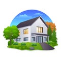 Residential house with summer green yard, shurb, trees and blue sky Royalty Free Stock Photo