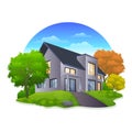 Residential house with summer green yard, shurb, trees and blue sky Royalty Free Stock Photo