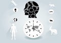 Ecoology conceptual flat design vector illustration. Black human head, clock, animals