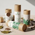 Packages are made of brown and white materials with green botanic Royalty Free Stock Photo