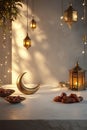 ecorative Ramadan setting with intricately designed traditional lanterns hanging from above Royalty Free Stock Photo