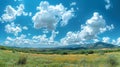 Ecoregion field of flowers with mountain backdrop, skies adorned with clouds Royalty Free Stock Photo